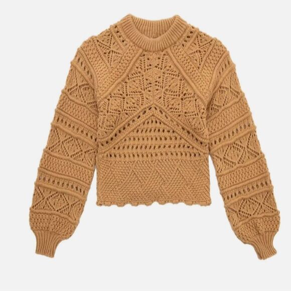 ZARA boho chunky 3D open knit balloon sleeve sweater sz small - Picture 7 of 11